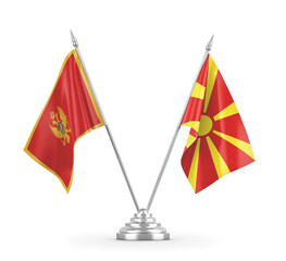 North Macedonia and Montenegro table flags isolated on white 3D rendering