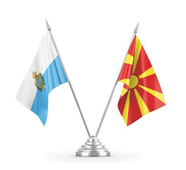 North Macedonia and San Marino table flags isolated on white 3D rendering