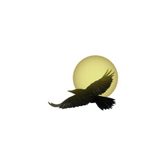 Black raven in flight and yellow moon, isolated on white background, executed in low poly style. Vector illustration