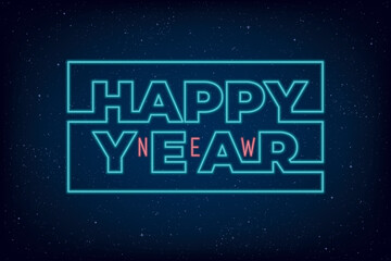 Happy New Year Neon Sign Future Space Style Hand Crafted Logo Lettering - Turquoise and Red on Blue Night Sky Illusion Background - Mixed Graphic Design