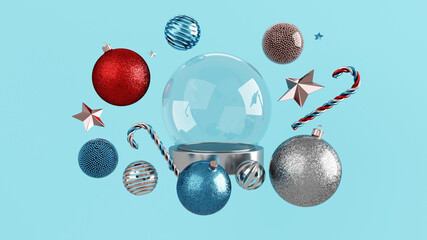 Snow Globe With Colorful Modern Christmas Ornaments And Candy Canes Isolated On Blue Background. New Year Abstract Concept. Empty Space - 3D Illustration