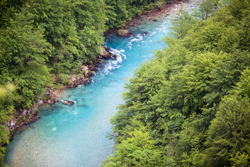 The Tara river flowing in Canyon under the Durdevica Bridge. It is in the Durmitor National park. It is located in northwestern Montenegro in the Zabljak municipality