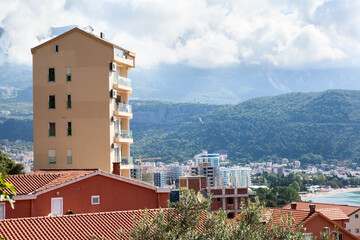 The Budva city eastern part with slopes of the hills surrounding it. The Balkan peninsula,...