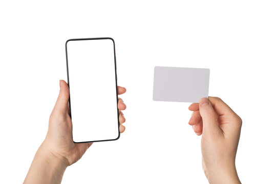 Online payment concept. Pov cropped close up view photo of female hands using blank credit card and smart telephone isolated white background