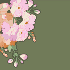 pink flowers on a green background, postcard, banner, peonies, vector illustration