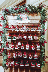 Christmas and New year souvenirs on wooden background.