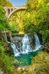 long exposure of the Vintgar gorge in Slovenia. Views of the river Radovna and waterfalls near Bled, Slovenia.