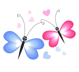 Valentine's Day. Postcard. Two butterflies are blue and pink, they have heart-shaped wings, they are held by antennae. Stock vector illustration in flat style isolated on white background.