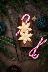 Christmas chocolate roll cake with cream