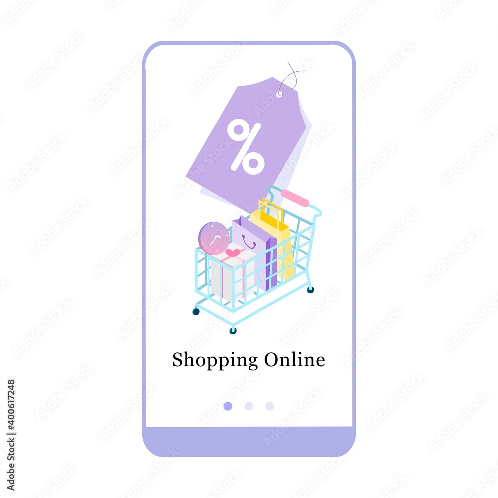 Poster vector illustration of online store promotion, e-commerce, and add to chart on the onboarding app sc