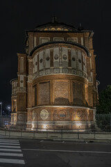 Night view of Saint Maria Grazie Church (Basilica di Santa Marie delle Grazie, XV century) - Renaissance style, listed as World Heritage by UNESCO. Milan, Lombardy, Italy.