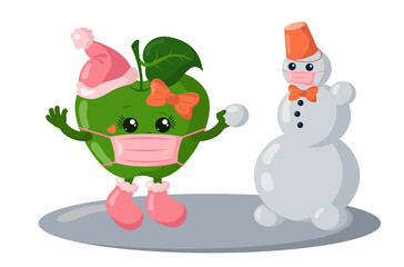 Cute kawaii apple with winter shoes, hair bow, warm hat and medical protective face mask making a snowman. Colored isolated vector illustration in flat design with shadows	