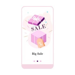 Vector illustration of Big sale, Special Gifts and Best Discount on the onboarding app screen and web concept. Modern interface onboard UX, UI GUI screen template for smart phone or web site banner.