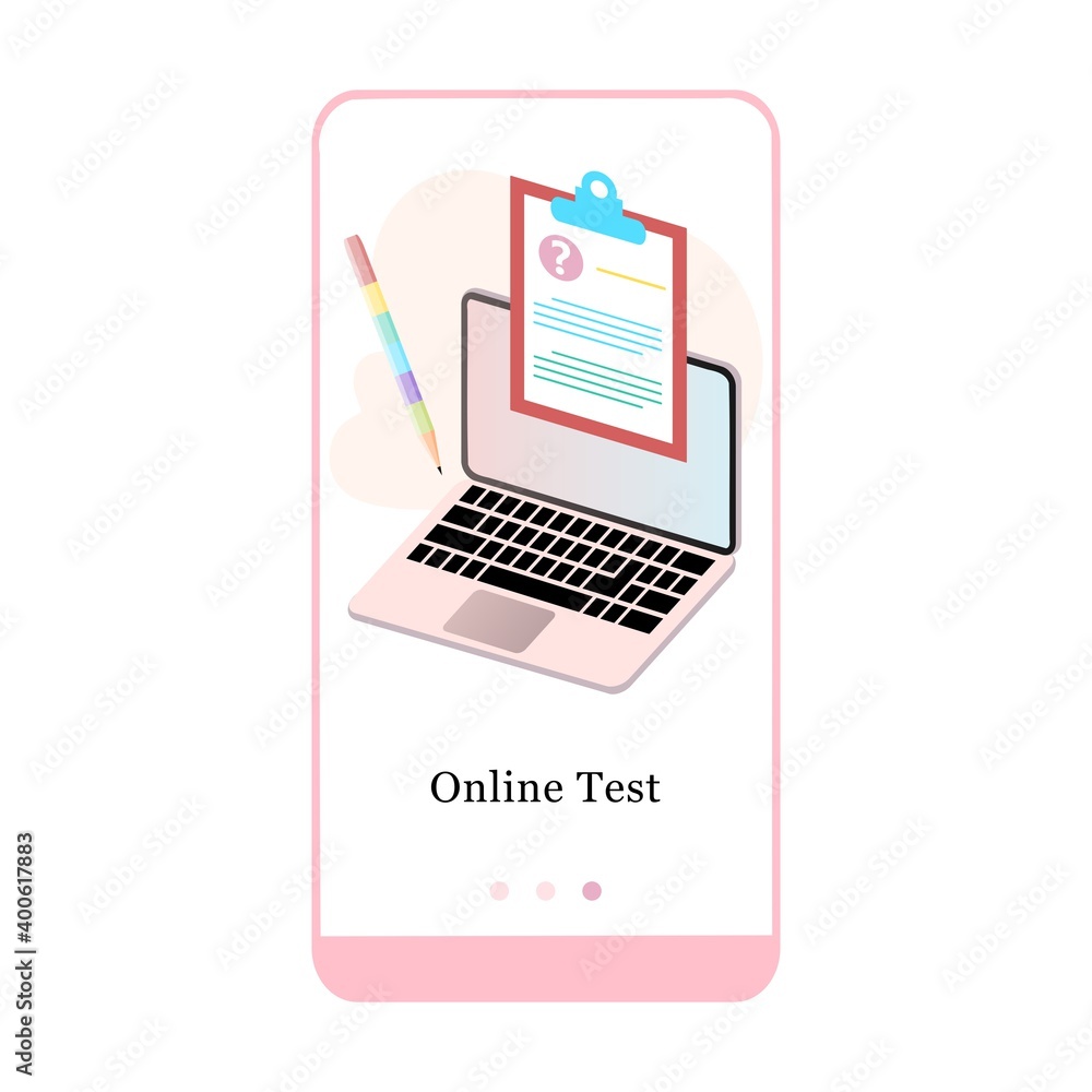 Poster online test, exam, exercise, quiz, final test mobile app onboarding screen. menu vector banner templ