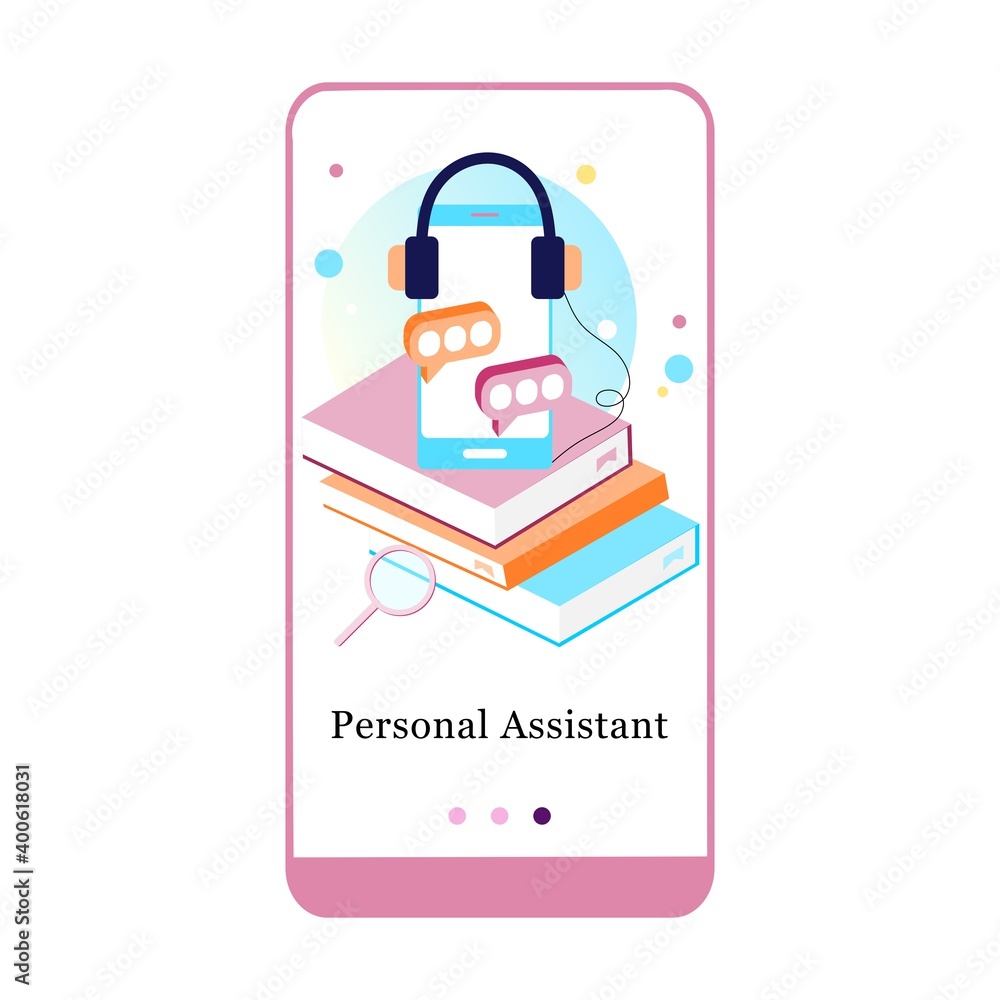 Poster online language courses, literal translation, personal assistant, e-learning mobile app onboarding s