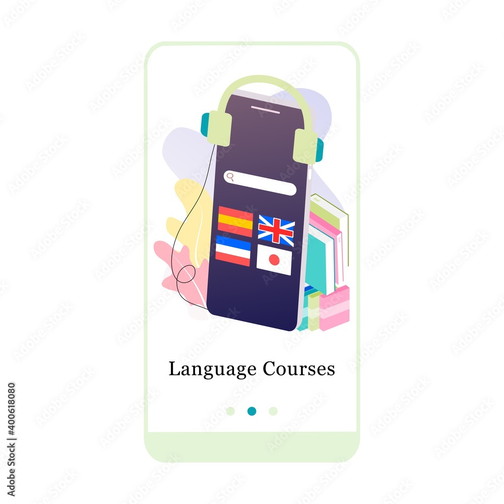 Poster online language courses, literal translation, personal assistant, e-learning mobile app onboarding s