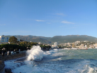 Storm on the black sea. Waves crash on the shore.   