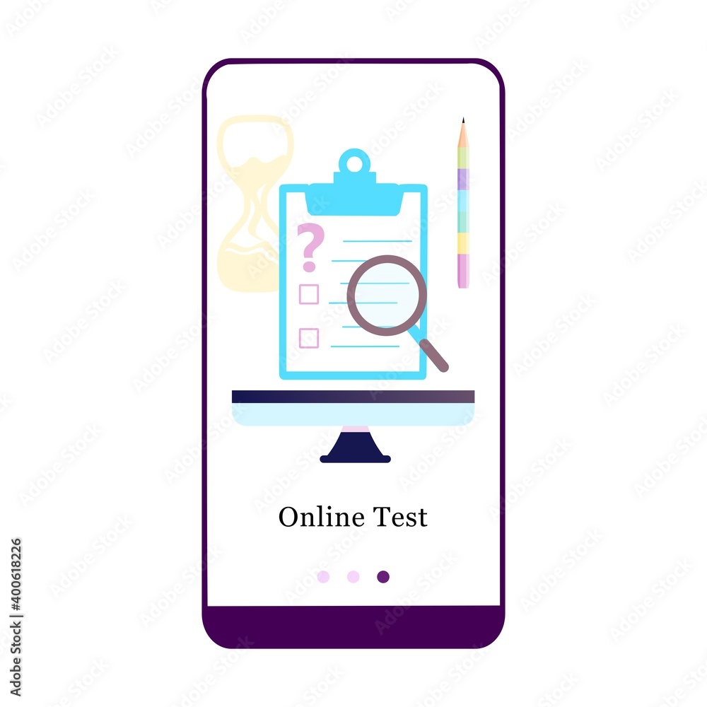 Poster online test, exam, exercise, quiz, final test mobile app onboarding screen. menu vector banner templ