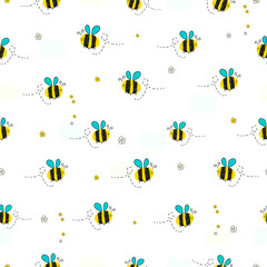 Seamless kids pattern with bee and cute flowers. Seamless kids pattern with hand life and hearts. Scandinavian for fabric design pattern, wrapping paper, wallpaper, background