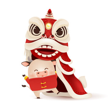 Happy Chinese New Year 2021. Cartoon Little Ox character design with Chinese New Year Lion Dance Head, traditional Chinese red costume isolated. The year of the bull. Zodiac of the ox
