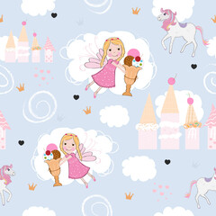 Seamless kids pattern with fairy girl princess, castle made of ice cream. Scandinavian for fabric design pattern, wrapping paper, wallpaper, background