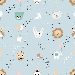 Naklejka premium Seamless kids pattern with lion, owl and cute animals. Kids animal pattern. Scandinavian for fabric design pattern, wrapping paper, wallpaper, background