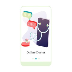 Application design for Online Doctor, Online Consultation, Virtual Doctor, Online Diagnosis. UI onboarding screen design. 3D isometric onboard mobile app template page. Modern flat vector illustration