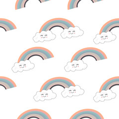 Seamless kids pattern with smiling cloud and rainbows. Seamless kids pattern with hand life and hearts. Scandinavian for fabric design pattern, wrapping paper, wallpaper, background