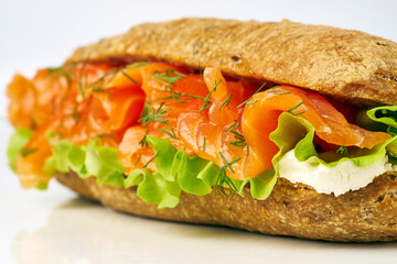 Yummy salmon sandwich close up on white