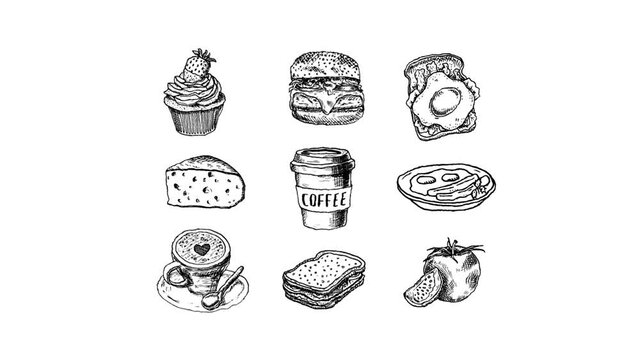 hand-drawn animated food and beverage set, Doodle Cup and Cup with coffee, cake, cheese, Burger, dish, toast with scrambled eggs, sandwich, tomato on white background