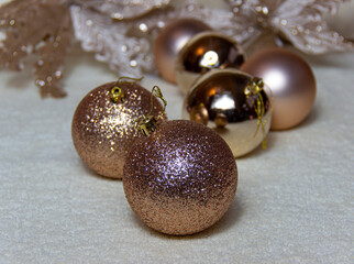 christmas round gold balls, on white  background.Glossy realistic elements for promo, party, event design.