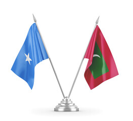 Maldives and Somalia table flags isolated on white 3D rendering