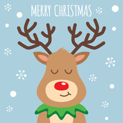 Reindeer red nosed cute smile cartoon. Christmas card.