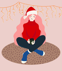 Festive atmospheric illustration template.
Design of a cute girl in a warm sweater sitting on a carpet on a festive night, glowing garland, Christmas cap.
Merry Christmas and Happy New Year.