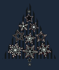 Festive atmospheric postcard template, background, brochure, poster, print.
Geometric tree design from vertical lines. A lot of Christmas cookies with different patterns.
