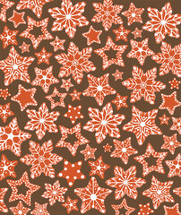 Festive atmospheric postcard template, background, brochure, poster, print.
Design with a huge selection of gingerbread cookies with a variety of patterns.
Merry Christmas and Happy New Year.