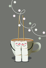 Template for festive winter postcard, background, brochure, poster, print.
Design of a cute pair of marshmallows with cute faces on a stick, a mug of cocoa, a glowing garland.