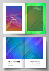 Naklejka premium Vector layout of two A4 format modern cover mockups design templates for bifold brochure, flyer, booklet. Futuristic technology design, colorful backgrounds with fluid gradient shapes composition.