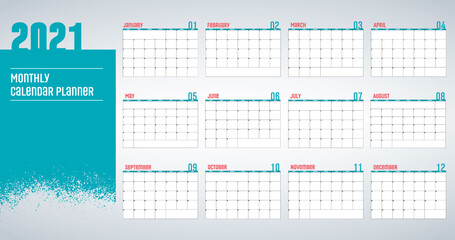 Yearly Wall Calendar Planner Template for 2021 Year. Vector Design Print Template. Week Starts Monday. Stock vector illustration isolated on white background.