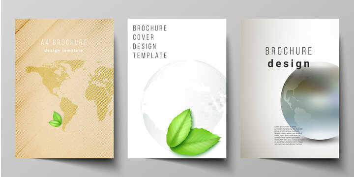 Vector layout of A4 format cover mockups design templates for brochure, flyer, booklet, cover design, book design, brochure cover. Save Earth planet concept. Sustainable development global concept.