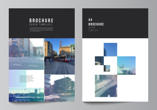 Vector layout of A4 format cover mockups templates for brochure, flyer layout, booklet, cover design, book design, brochure cover. Abstract design project in geometric style with blue squares.
