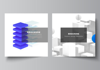 Vector layout of two square format covers templates for brochure, flyer, cover design, book design, brochure cover. 3d render vector composition with dynamic realistic geometric blue shapes in motion.