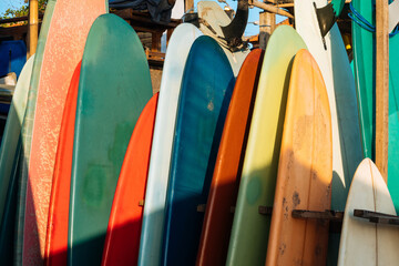 Set of different color surf boards in a stack by ocean.Bali.Indonesia. Surf boards on sandy beach for rent. Surf lessons on Weligama beach, Sri Lanka.