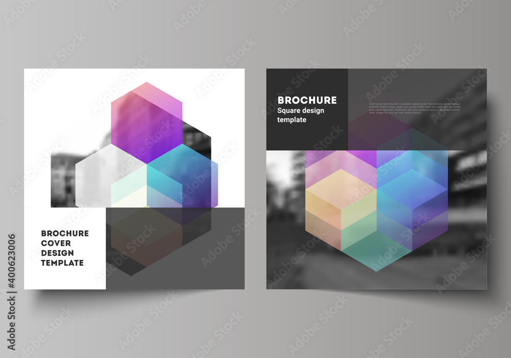 Wall mural vector layout of two square format covers design templates with colorful hexagons, geometric shapes,