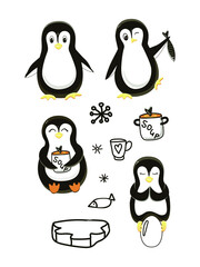 Isolated elements on a white background. A set of funny penguins. Vector. Cartoon. Penguins with different items: fish, soup and on an egg. Suitable for children's illustrations, printed materials.