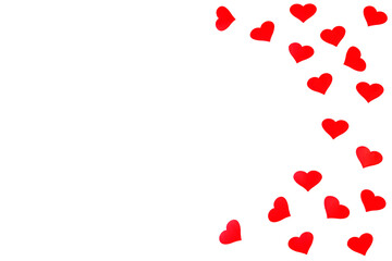 Background with red hearts with free space for text on white background. Flat lay, top view. Valentines day concept. Mother's Day concept.