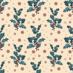 Hand drawn abstract Christmas seamless pattern with holly berries and snowflakes isolated on beige background