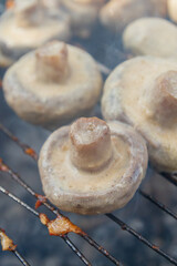 Pickled mushrooms are cooked on the grill on coals