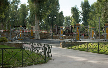 Closed fitness area in a park for prevention of coronavirus in Peristeri, Greece