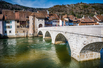 View of the small historic town of Saint-Ursanne, Switzerland. 